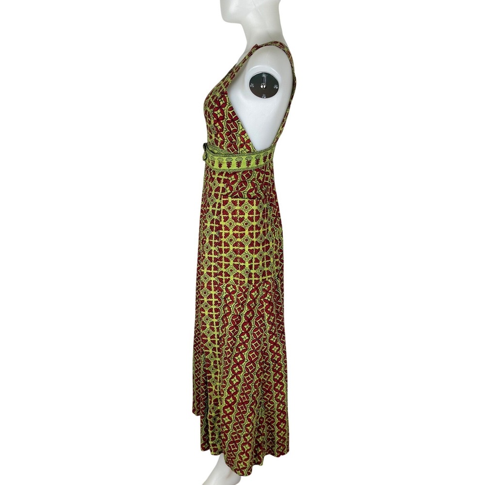 VTG Block Print Pinafore Maxi Dress SZ XS BOHO (SEE FLAW